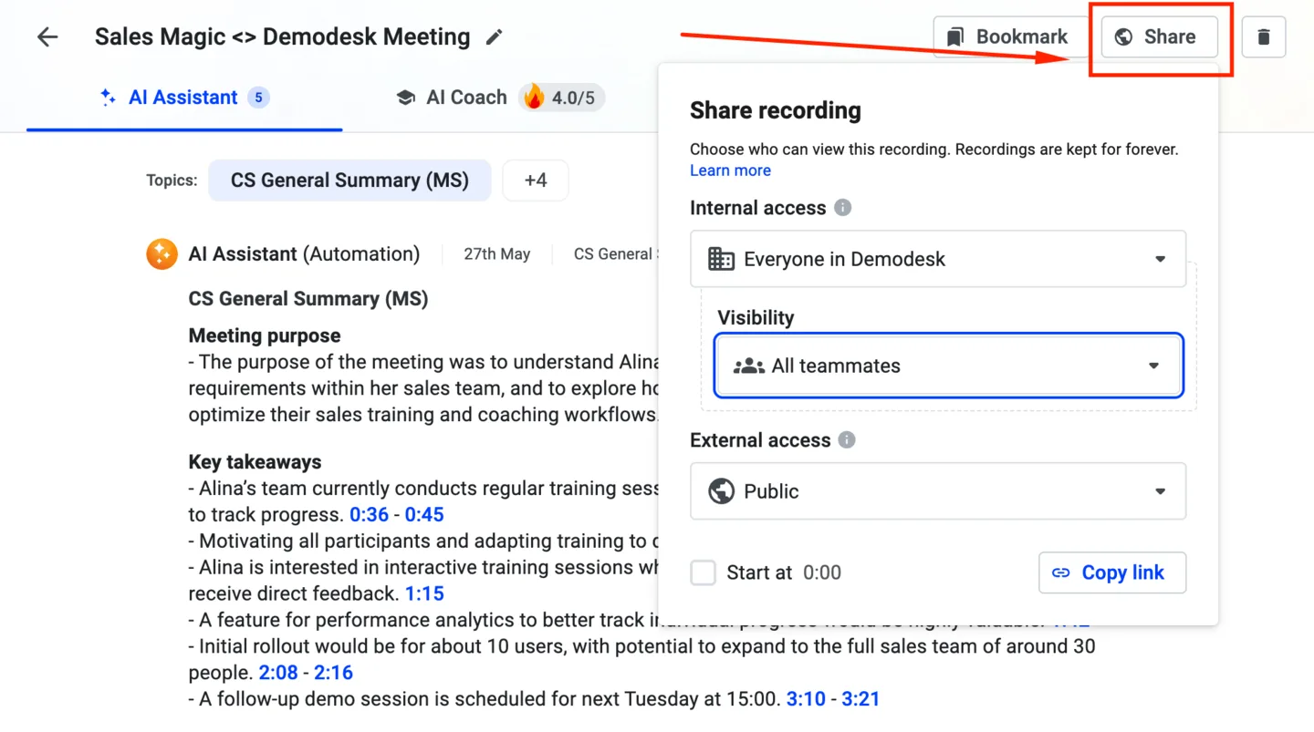 Recording page with the Share button highlighted and the Share recording panel open