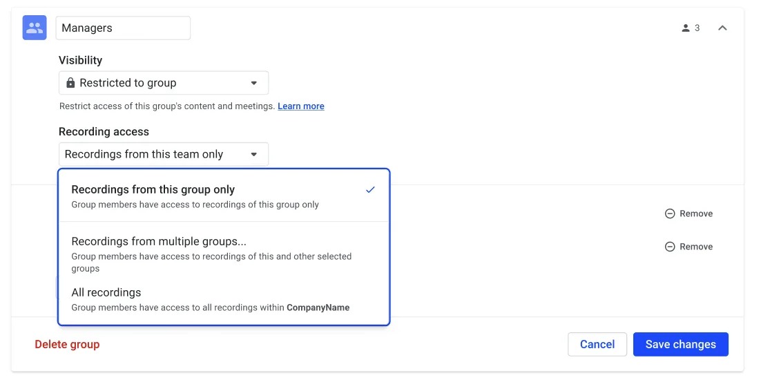 Gruppeneinstellungen für „Managers“ mit geöffnetem Dropdown für die Aufzeichnungs-Zugriffsebene