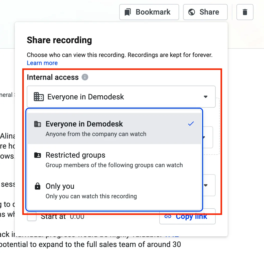 Dialog „Share recording“ mit geöffnetem Dropdown für den internen Zugriff: Everyone, Restricted groups oder Only you