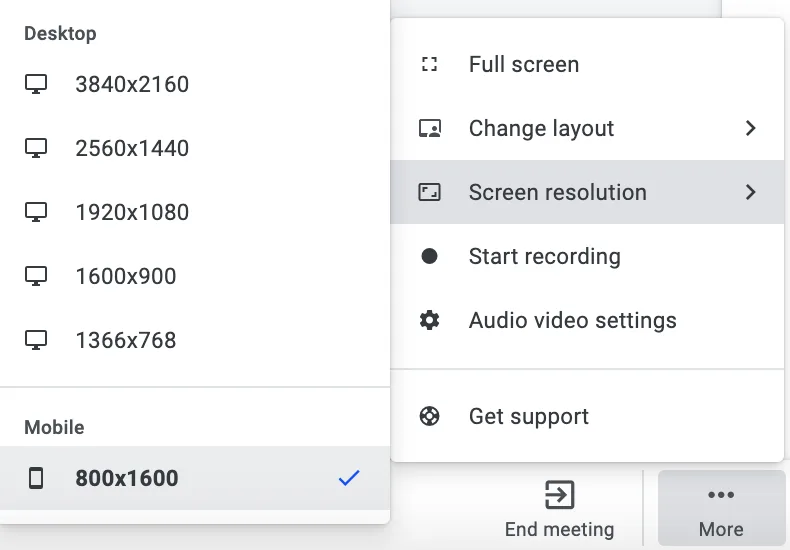 Bildschirmauflösungs-Menü im virtuellen Browser mit ausgewählter mobiler Auflösung 800x1600
