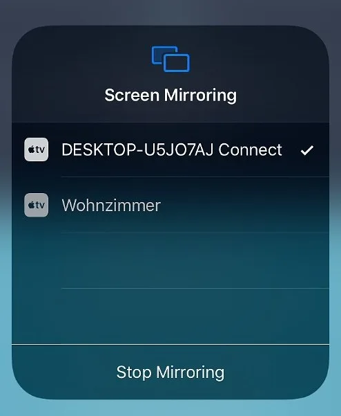 iPhone-Bildschirmspiegelung mit ausgewähltem Windows-PC als Empfangsgerät