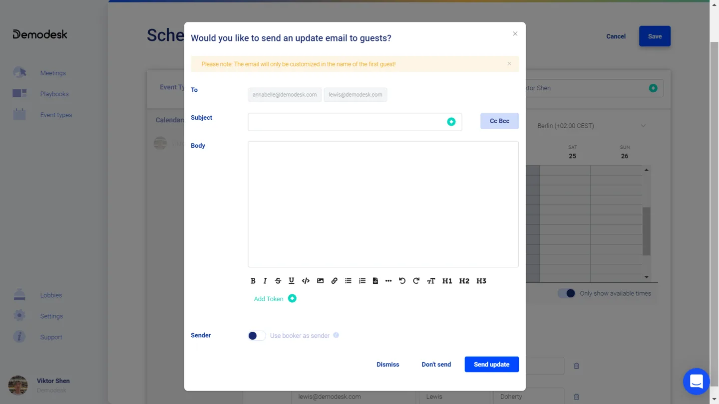 Dialog zum Versenden der Update-E-Mail mit Betreff, Inhalt und der Schaltfläche Update senden