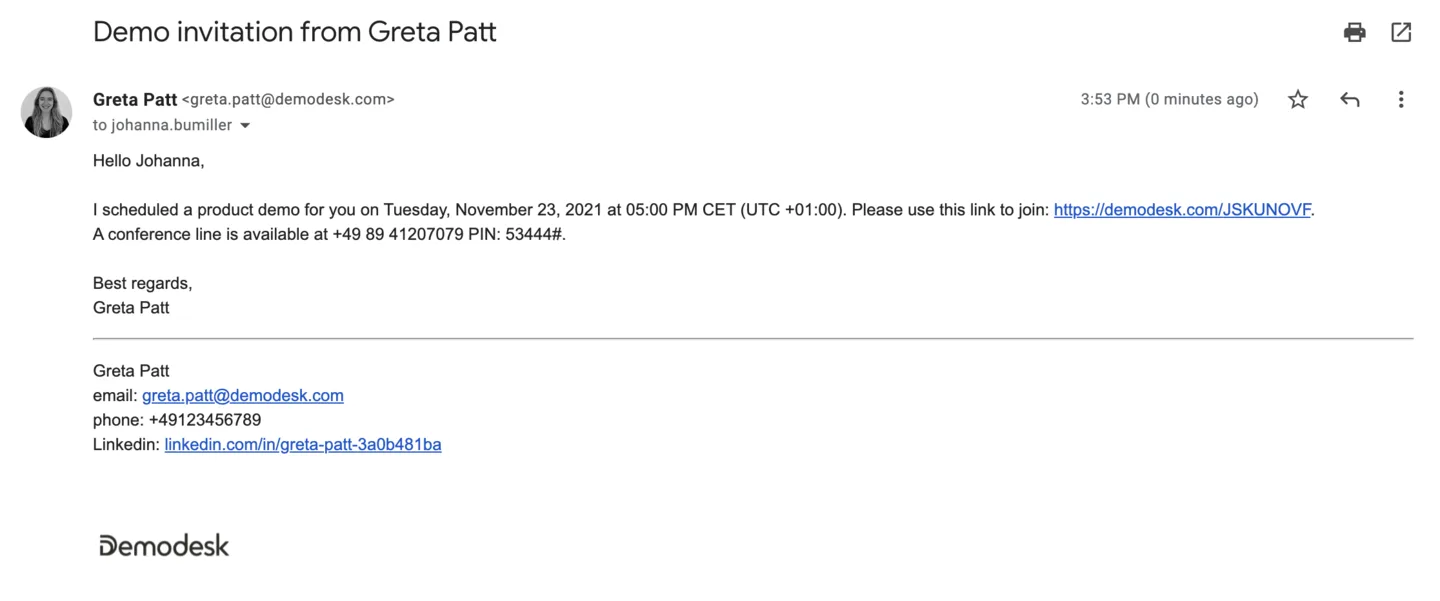 Received demo invitation email showing the finished signature with a divider, contact details and logo