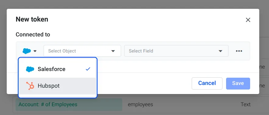 New token dialog with the CRM dropdown open, Salesforce selected and Hubspot listed