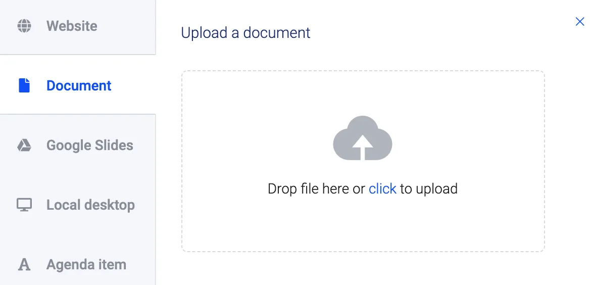 Upload a document panel with a drag-and-drop area and file source tabs in the sidebar