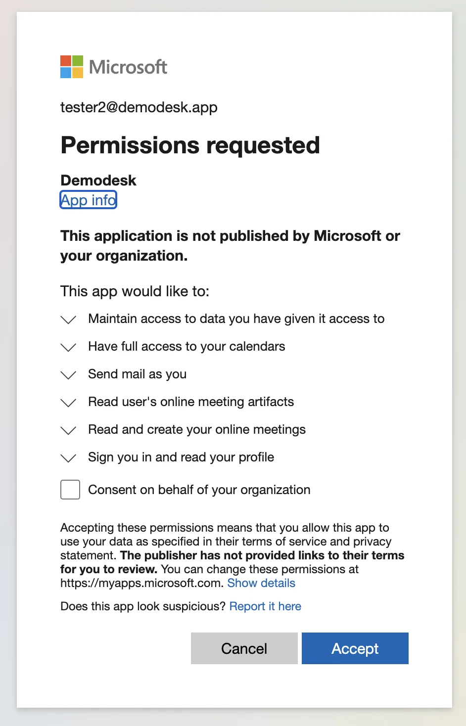 Microsoft permissions consent screen listing calendar, mail, and online meeting access requested by Demodesk