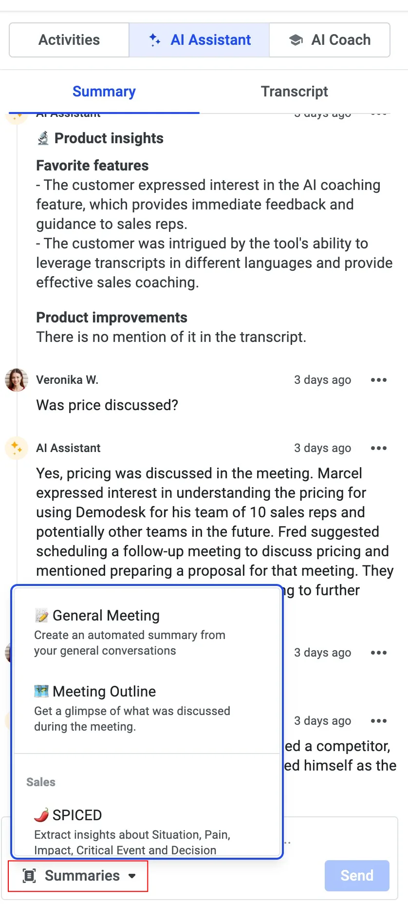 AI Assistant summary panel with a skill dropdown open showing General Meeting, Meeting Outline, and SPICED