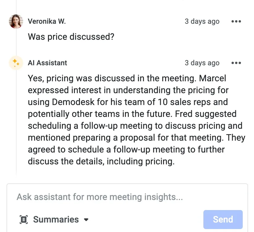 AI Assistant chat answering Was price discussed with a summary of the pricing conversation