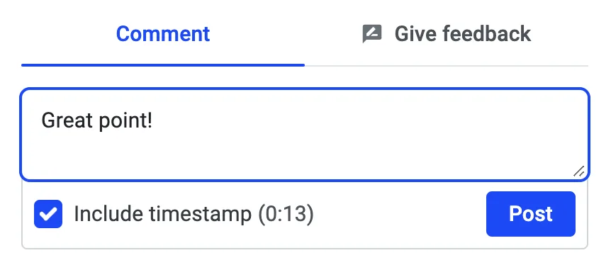 Comment panel with a draft reply, an Include timestamp checkbox, and a Post button