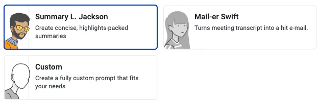 Skill picker showing Summary L. Jackson selected alongside Mail-er Swift and Custom options