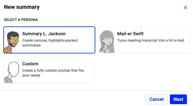 New summary dialog with the Summary L. Jackson skill selected and a Next button to continue