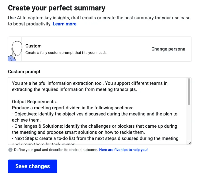Custom skill prompt editor with an example meeting-report prompt and a Save changes button