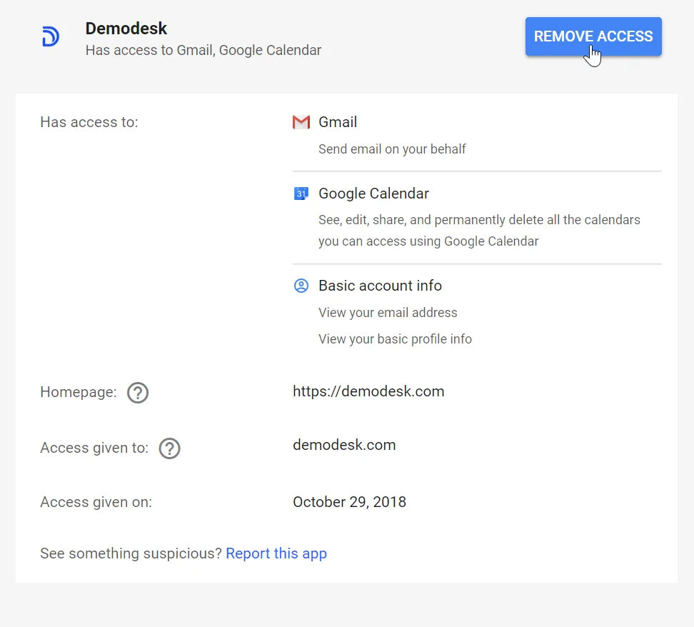 Google-Kontoberechtigungen für Demodesk mit Schaltfläche Remove Access